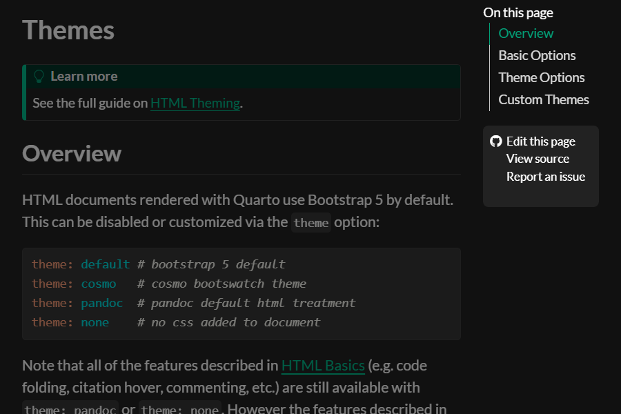 A screen shot of a Quarto document. Underneath the page table of contents on the right side are three options: 'Edit this page', 'View source' and 'Report an issue'. There is a Github icon to the left of 'Edit this Page.'